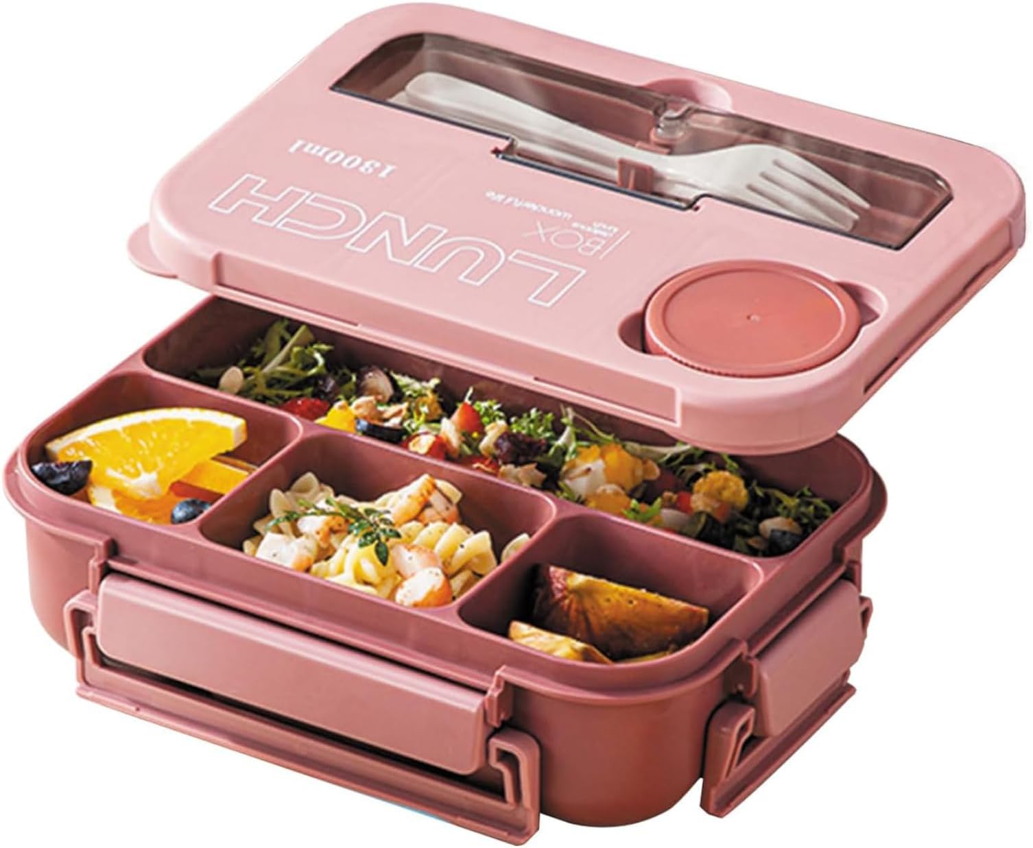 4 Compartment Bento Lunch Box With Tableware, Bento Box 1300ML Lunch Box with Sauce Jar, Perfect for On-the-Go Meal, Built-in Utensil Set, Leak-Proof, Microwave/Dishwasher Safe (Pink)