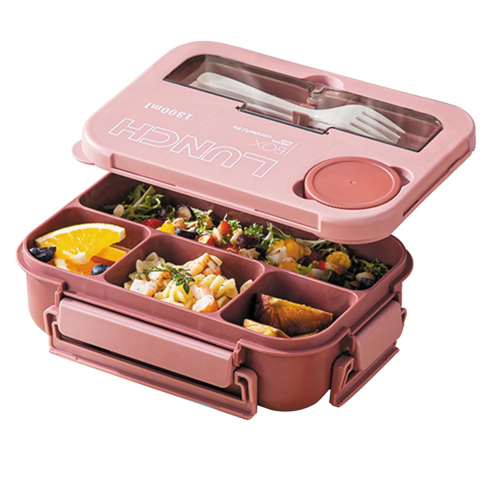 4 Compartment Bento Lunch Box With Tableware, Bento Box 1300ML Lunch Box with Sauce Jar, Perfect for On-the-Go Meal, Built-in Utensil Set, Leak-Proof, Microwave/Dishwasher Safe (Pink)