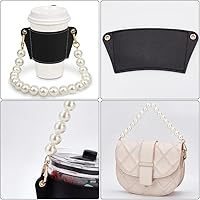 Vista 4 de WADORN Funda reutilizable de piel sintética con asa de perla, soporte portátil para taza de café con cadena extraíble para taza de bebidas Negro
