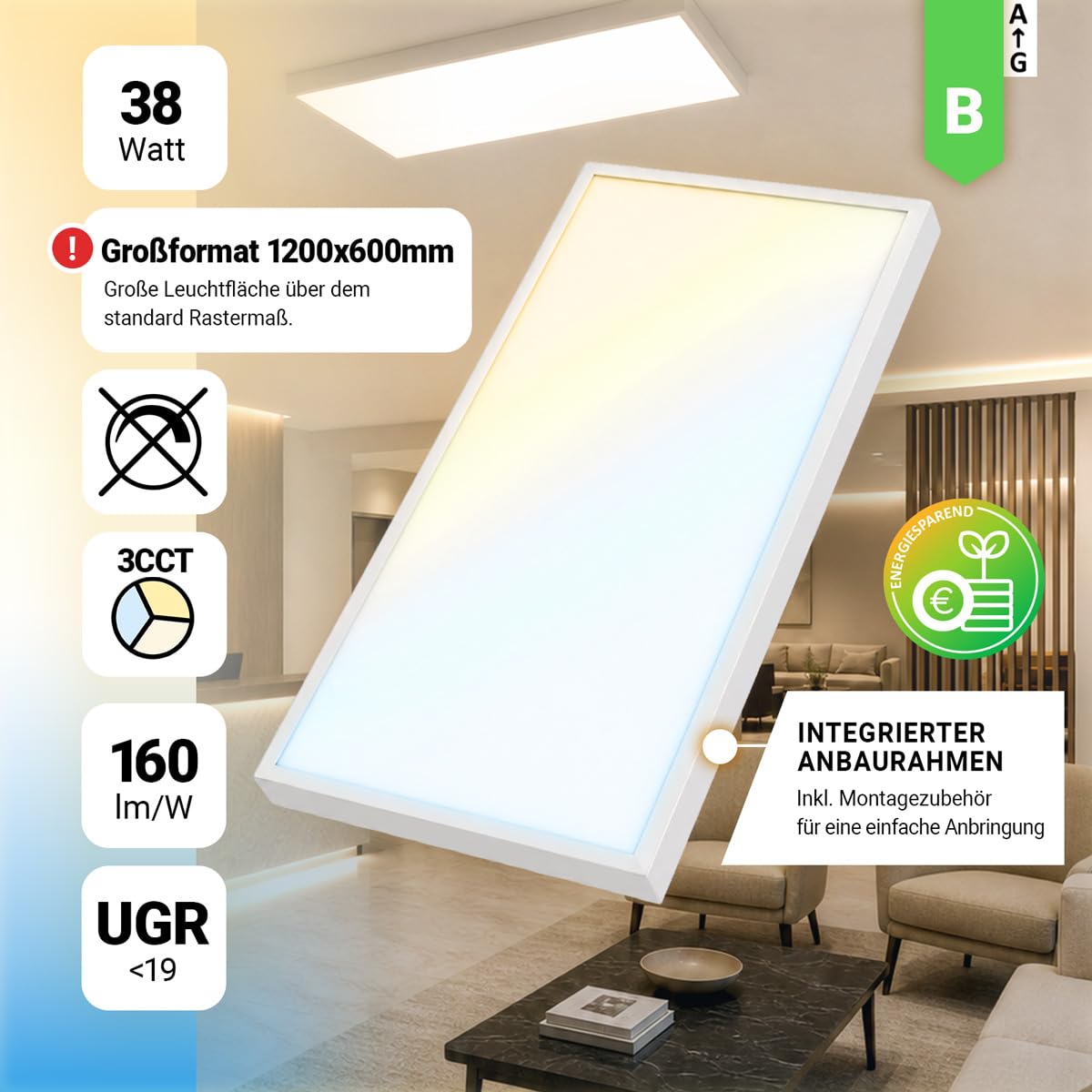 LED Anbaupanel 120x60cm 38W 6080lm 3CCT UGR<19 Deckenleuchte