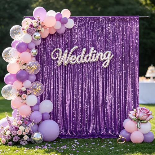 Image of Purple Sequin Backdrop Curtain Drapes Glitter Party Decorations 10FTx10FT