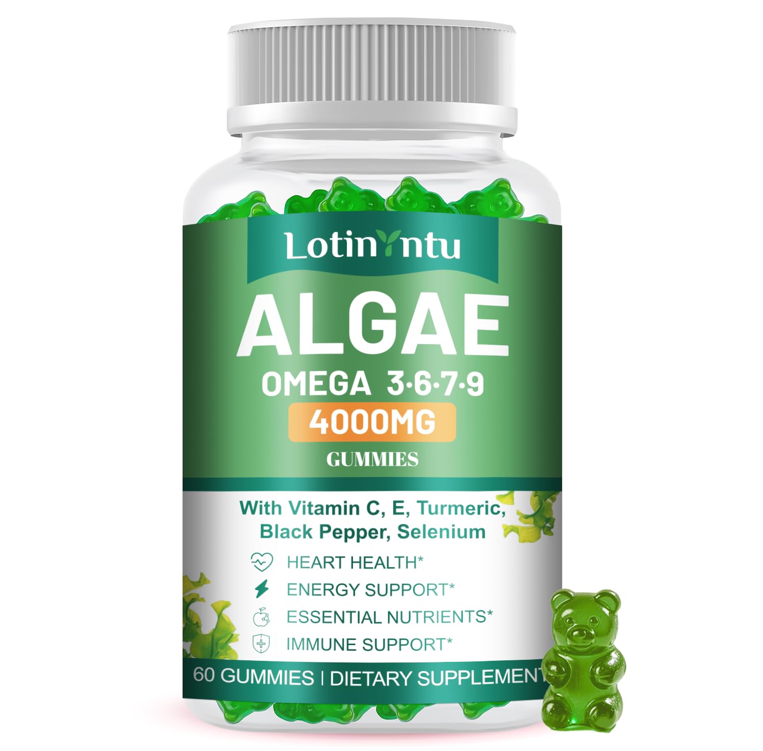 LotinYntu Suplemento de Ômega-3 de Algas em Gomas com DHA 1500 mg, EPA 270 mg e complexo de ômega 3-6-7-9, 60 gomas