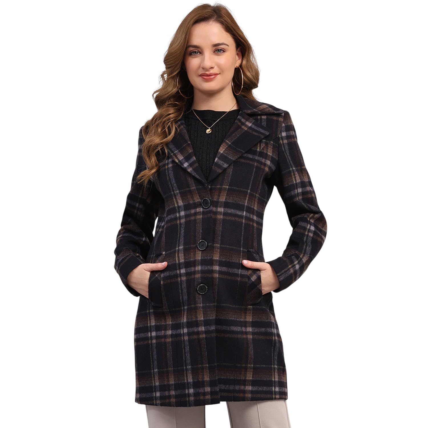 Womens Regular Fit Checked Pattern Collared Neck Button Closure Full Sleeve Winter Coat Warm Woolen Overcoat for Ladies | Stylish Long Sleeve Buttoned Jacket (Pack Of 1)-image-43