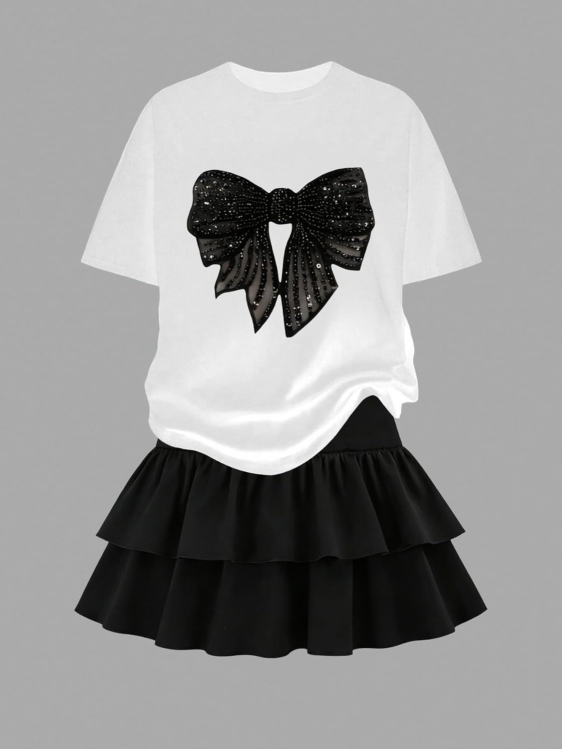 Summer Outfits for Girl 2 Piece, Bow Graphic Tees and Leopard Short Skirt Fashion Casual Clothing