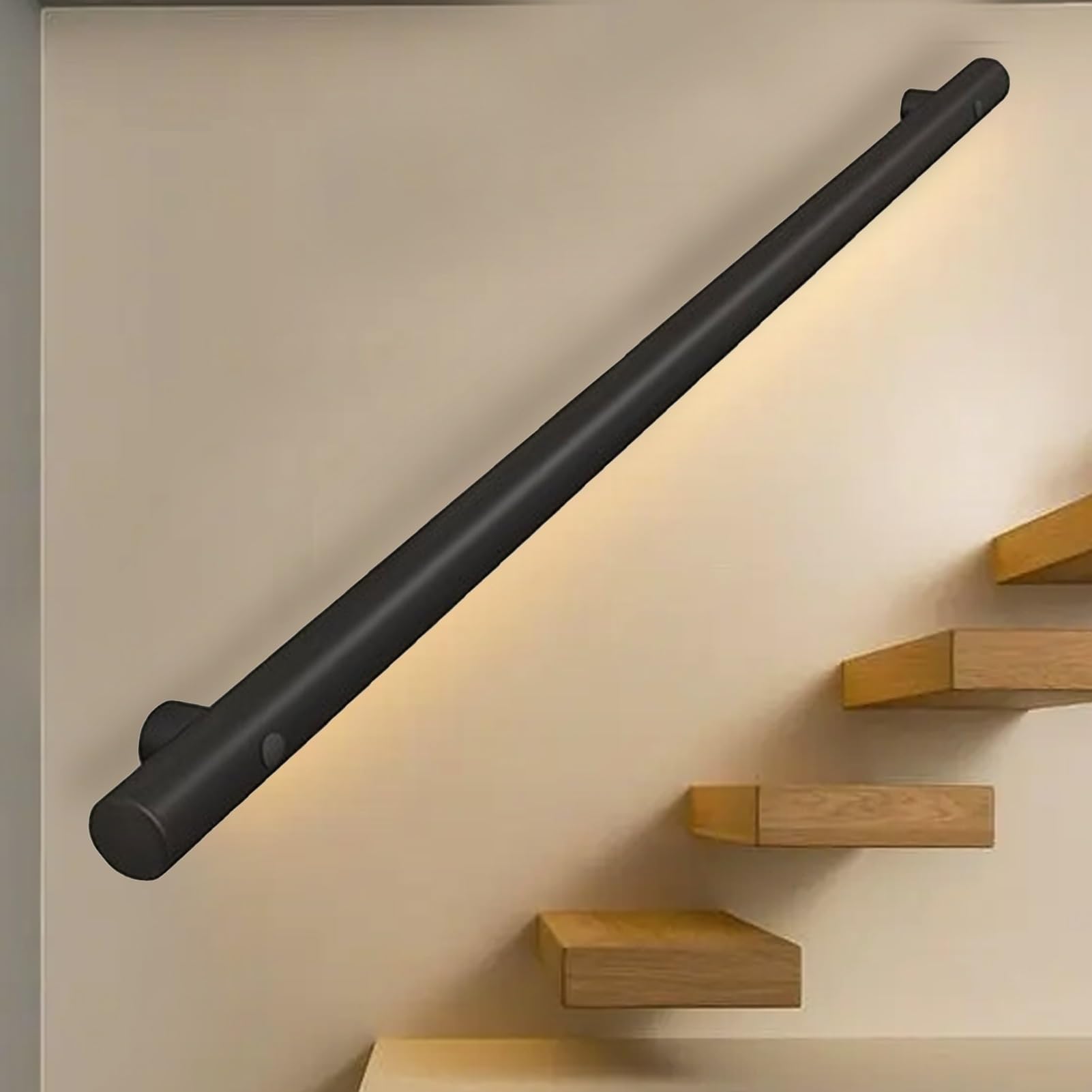 Wall Handrails Round Pipe Handrail for Stairs ，Wall Mount Metal Railing Black Wrought Iron Non-Slip Grab Rail(5ft/150cm)