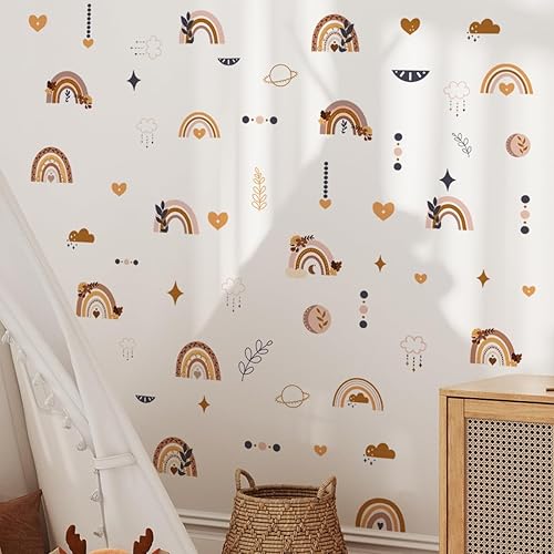 Miniatura 1 de Calcomanías de pared boho con diseño de nubes de arco iris, flores, hojas, corazones, calcomanías de vinilo para decoración de habitación de niños,
