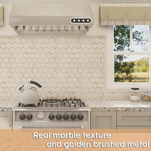 Miniatura 8 de Diflart Azulejo hexagonal de PVC para despegar y pegar con metal dorado para cocina, baño, paquete de 10 hojas