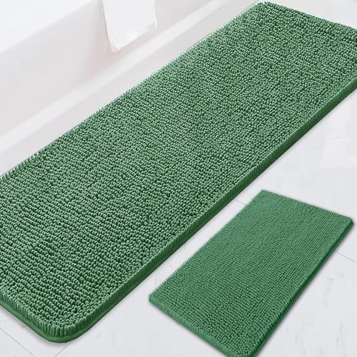 Image of BOANKODU Bathroom RugsSets 2 Piece,59X24+16X24Inch,Absorbent Non-Slip Very Soft Chenille Mat,Machine Washable(Dark Green)