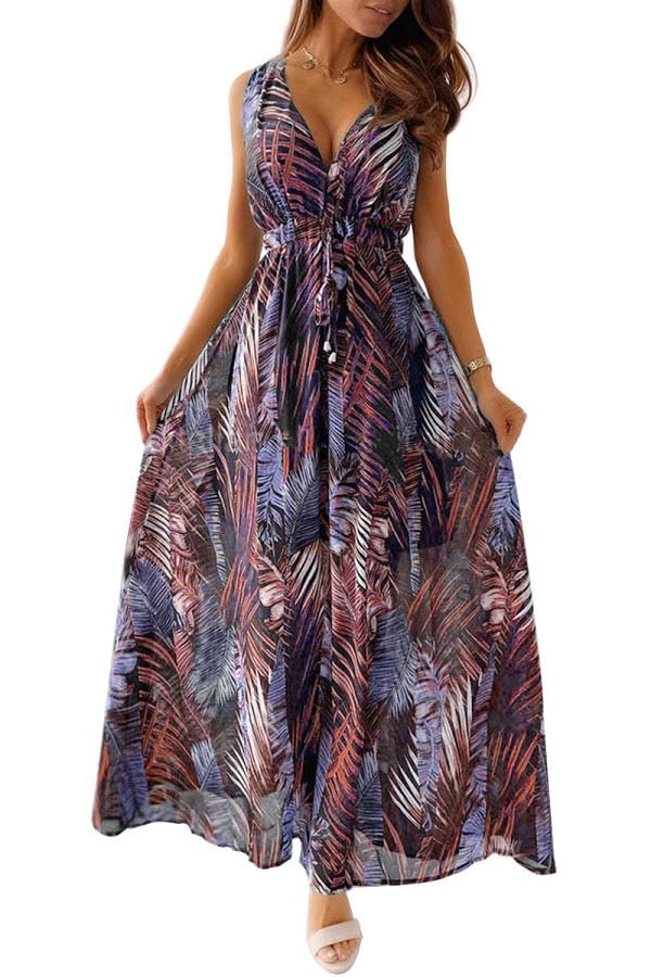 Joligiao Sommerkleid Damen Lang Maxikleid Sommer V Ausschnitt Kleid Blumen Elegant Sommer Kleid Boho Ärmelloses Lang Kleid Spaghettiträger Freizeitkleid Hochzeitsgast Partykleid Strandkleid