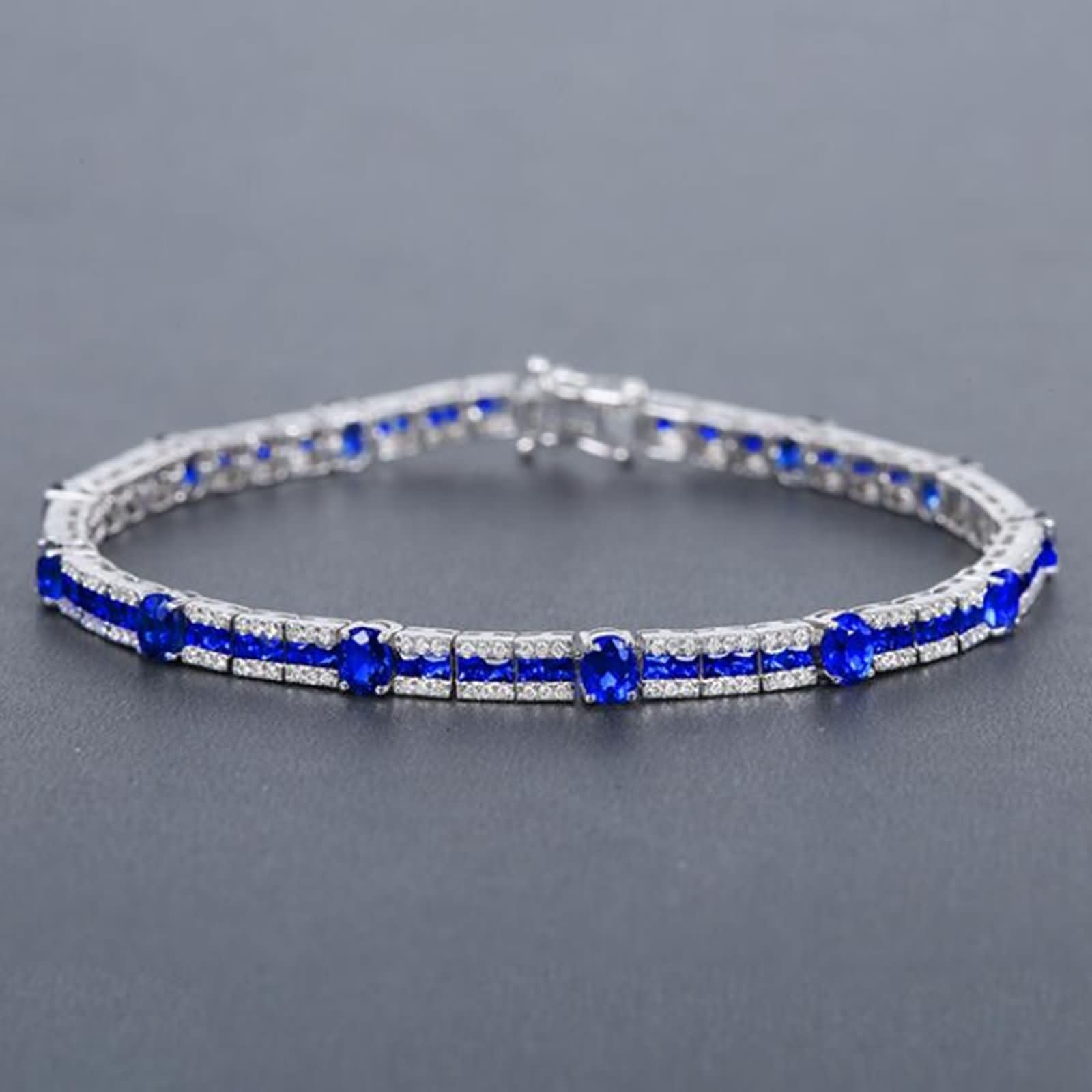 Pulsera Mujer Oro Blanco 9K / 14K / 18K, Oval con Zafiro Creado de 5,91 ct y Diamante, Cadena 16 CM, Pulseras de Mujer de Plata Azul
