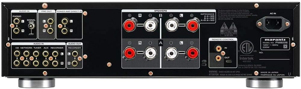 Rear view of Marantz PM8006 amplifier showing input and speaker terminals