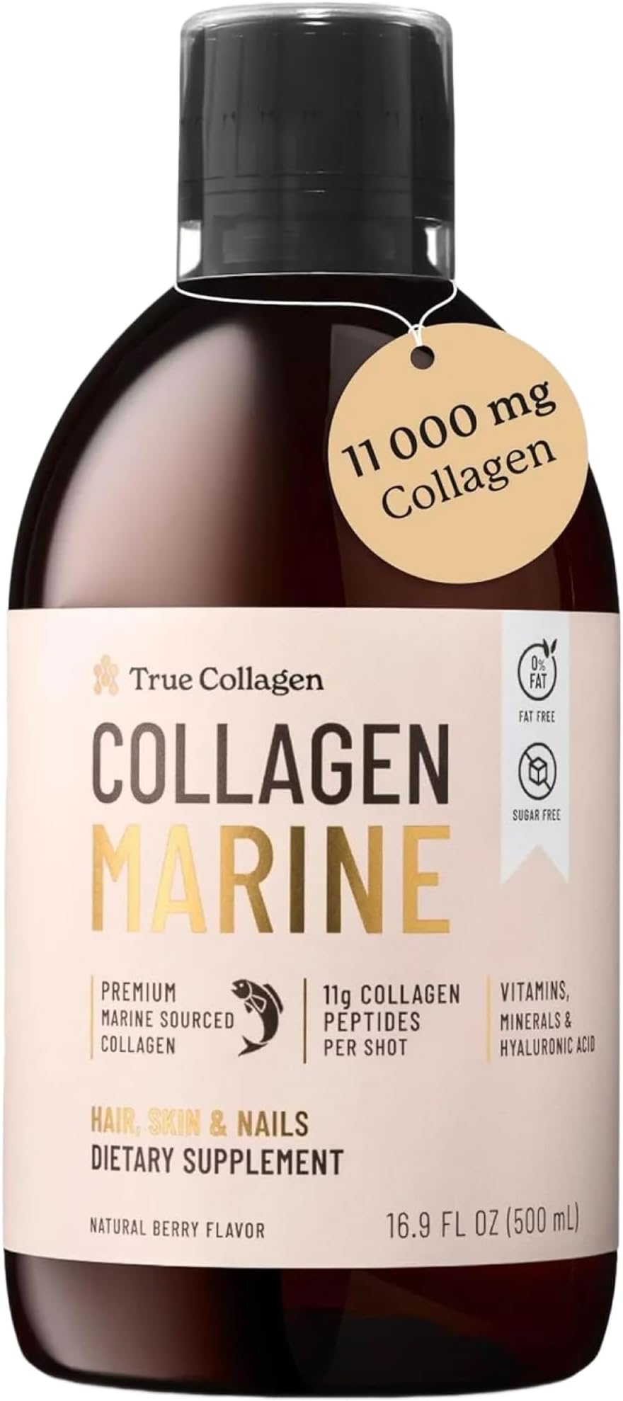 Marine 11,000 mg Hydrolyzed Marine Collagen Liquid Supplement - 20 Day Supply, 500 ml | Peptides 1 & 3, Hyaluronic Acid, Biotin & Vitamin C for Healthy Hair, Skin, Joints & Nails