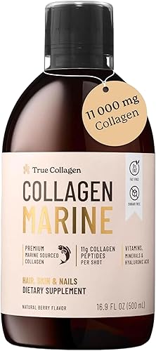 True Collagen Marine  Suplemento líquido de colágeno hidrolizado de 11,000 mg - 16.9 fl oz, suministro para 20 días  Ácido hialurónico, biotina y