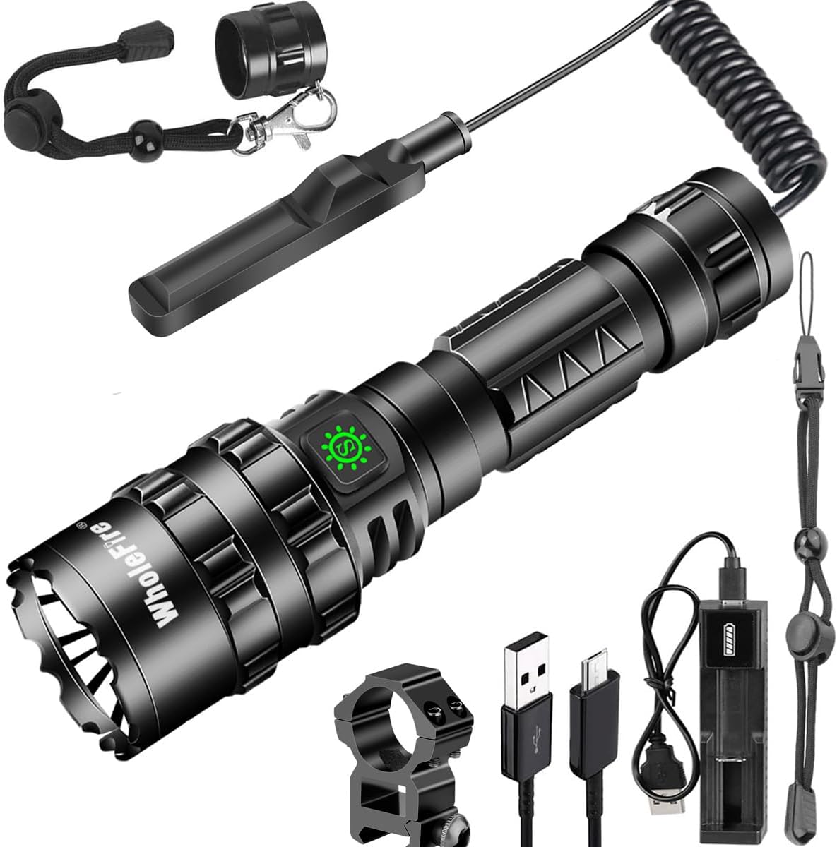 WholeFire LED Flashlight 2 Control Bright Torch Battery Powered, 5 Modes 3000 Lumens Super