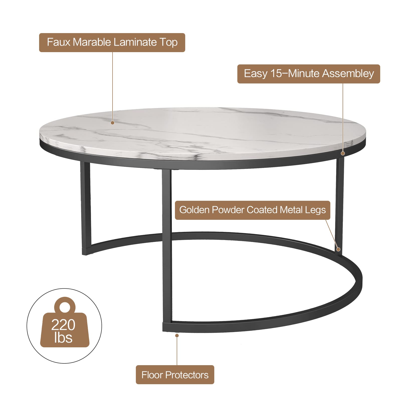 Modern Nesting Coffee Table, Marble Look Sofa Side Nest of Tables Round