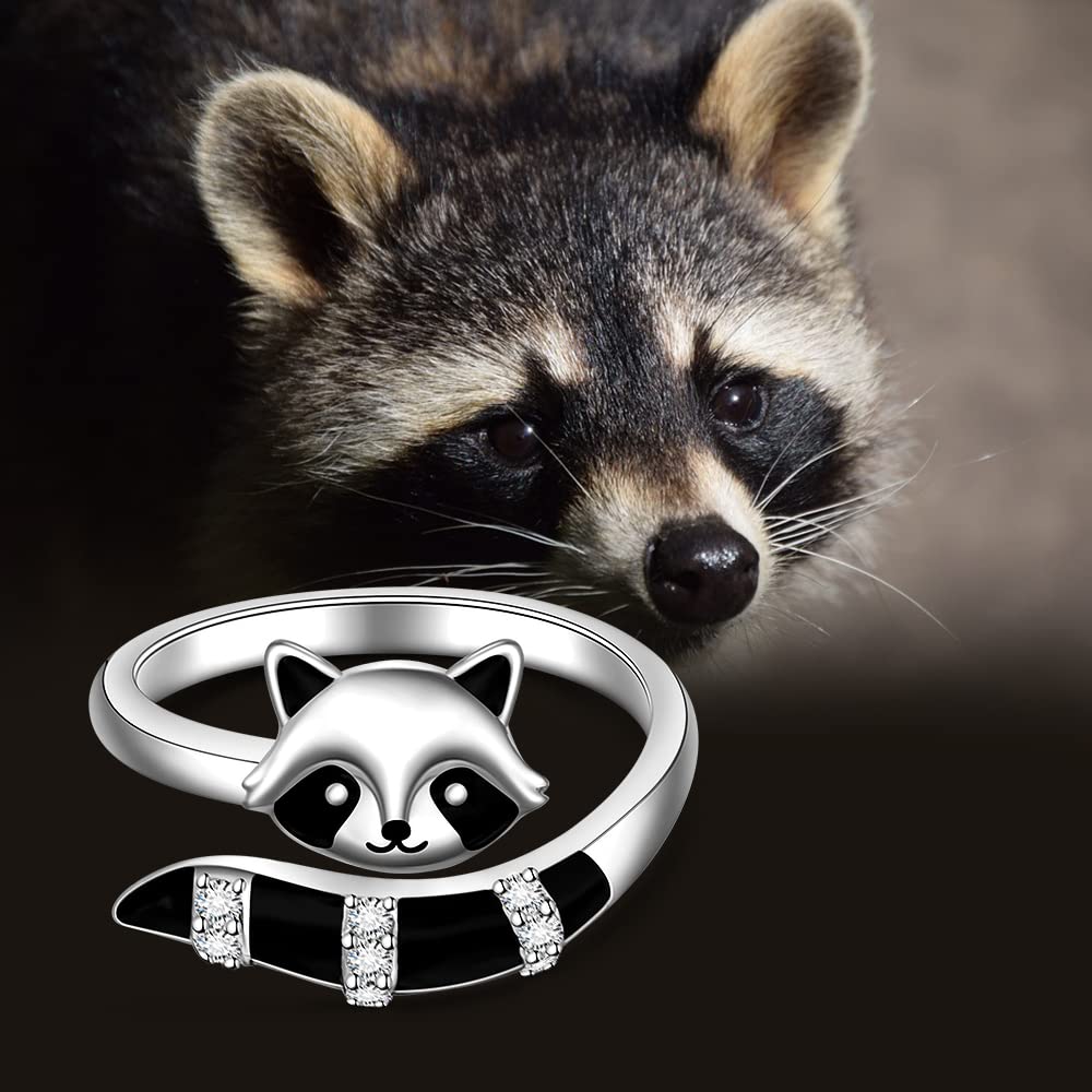 Anillos de mapache ajustables para mujeres, adolescentes, niñas, de plata de ley, lindos y divertidos anillos abiertos de animales, regalos de joyería para amantes del mapache, talla 8