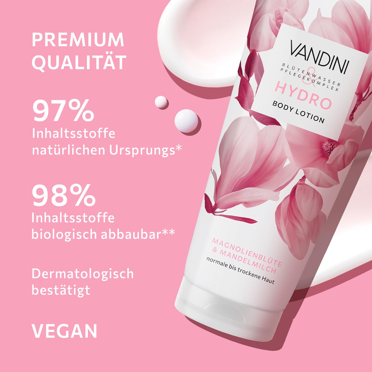 VANDINI 6 x HYDRO balsam do ciała damski, 200 ml, z kwiatem magnolii i mlekiem migdałowym – pielęgnujący balsam do ciała do skóry normalnej i suchej – wegański, bez parabenów i silikonów, Made in