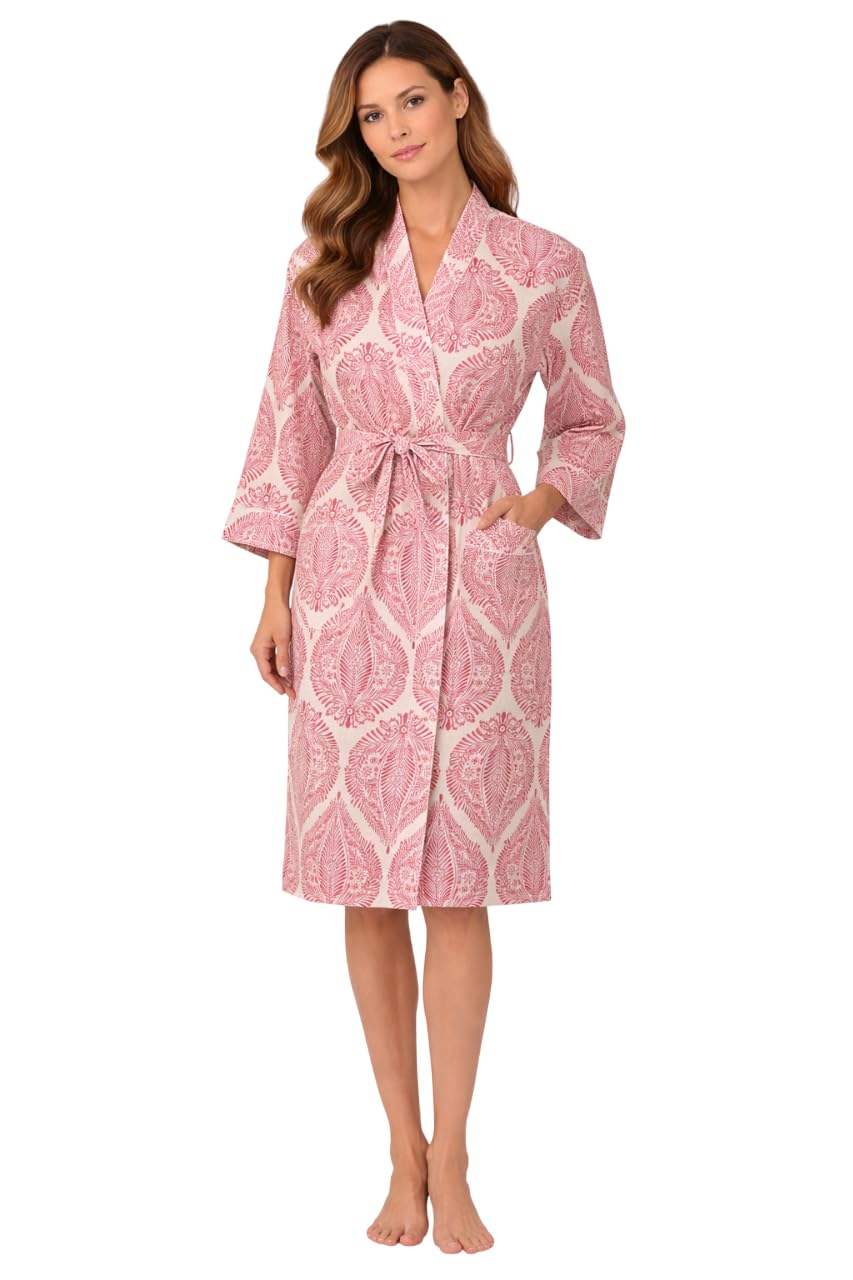 Women’s Cotton Printed Kimono Robe, Lightweight Bathrobe, Soft Spa Robe with Adjustable Waist Belt & 3/4 Sleeves, Free Size (IN, Alpha, Free Size, Regular, Standard, White2)-image-26