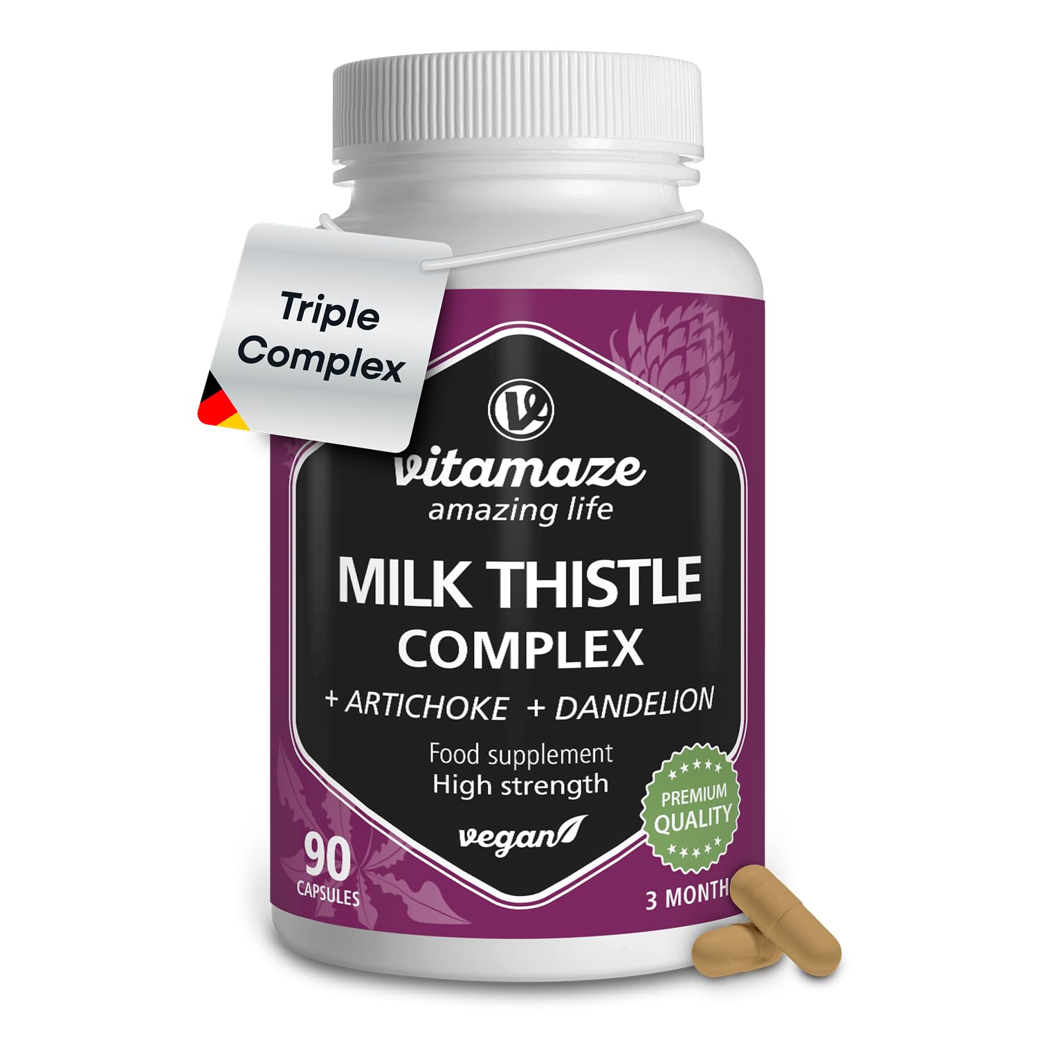 Milk Thistle High Strength 6000mg (3 Months) with Dandelion & Artichoke, High Dose, 80% Silymarin Extract, Natural Liver Cleanse Supplement, 90 Vegan Capsules. Vitamaze®