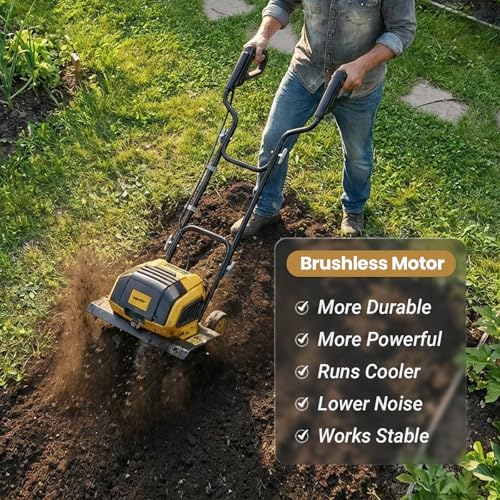 Image of 40V Brushless Cordless Tiller Cultivator Compatible with Dewalt 20V Battery(Tool Only), Electric Garden Tiller w /16 Steel Tines, 14.2 inch Tilling Width, 8.7 inch Depth, Safety Lock, Portable Rototiller