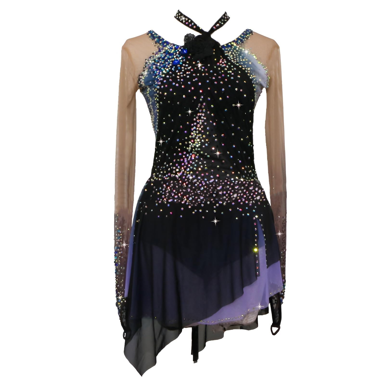 Long Sleeves Figure Skating Dress for Girl, Women's High Elasticity Shiny Ice Skating Dress for Competition(Small) Black