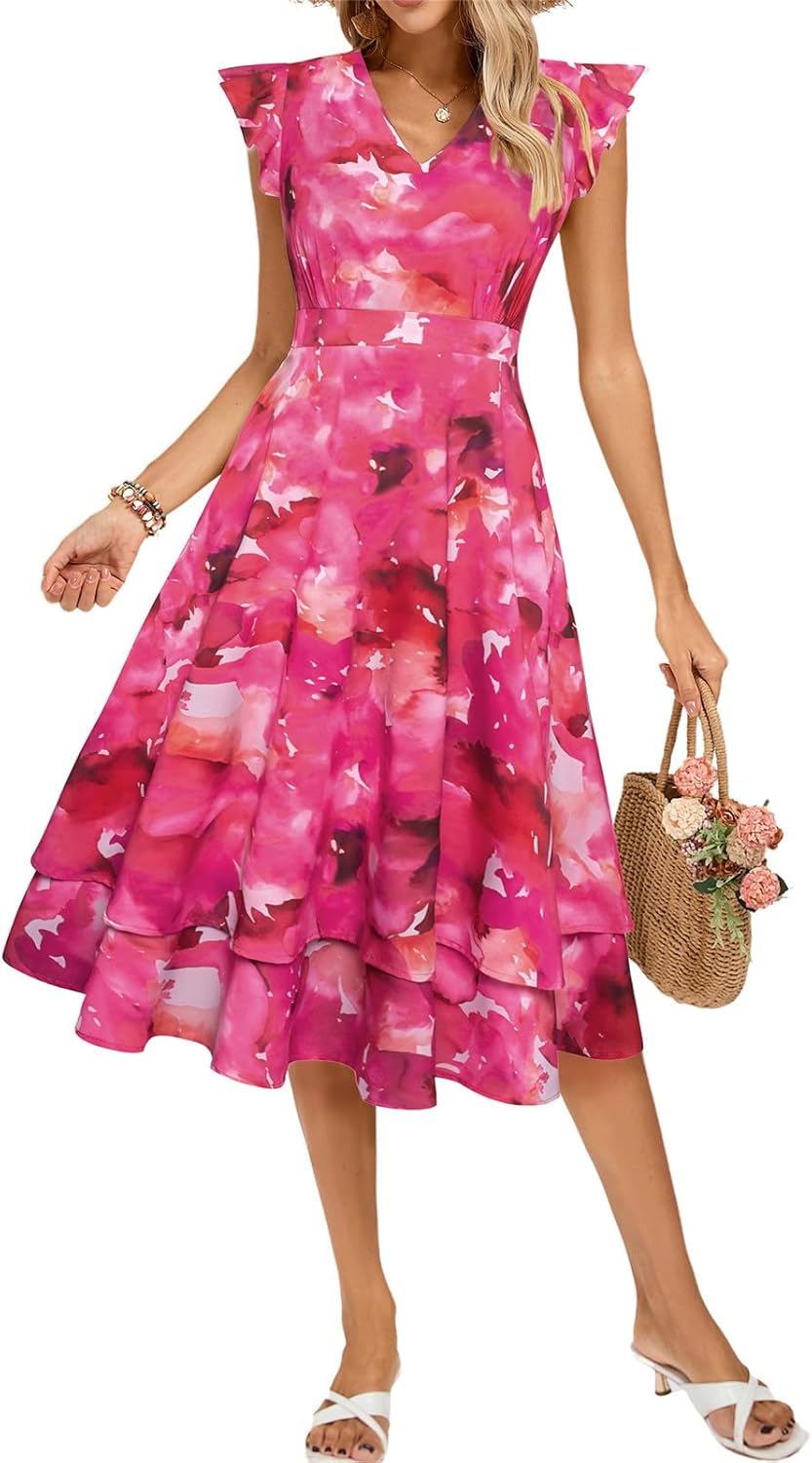 Kate Kasin Womens Dresses Summer Short Sleeve Ruffle Floral V Neck Flowy Aline Casual Tiered Wedding Guest Midi Sundress