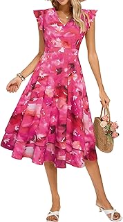 Womens Dresses Summer Short Sleeve Ruffle Floral V Neck Flowy Aline Casual Tiered Wedding Guest Midi Sundress - Buy now