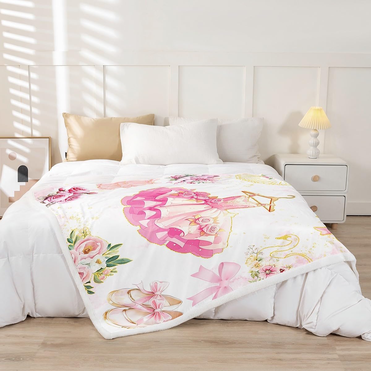 Princess Dress Fleece Flannel Blanket,Girly Pink Shoes Bowknot Bed Blanket,60"x80"Pink Gold Print Bed Plush Blanket,Cute Girly Ballet Dress Lightweight Blanket