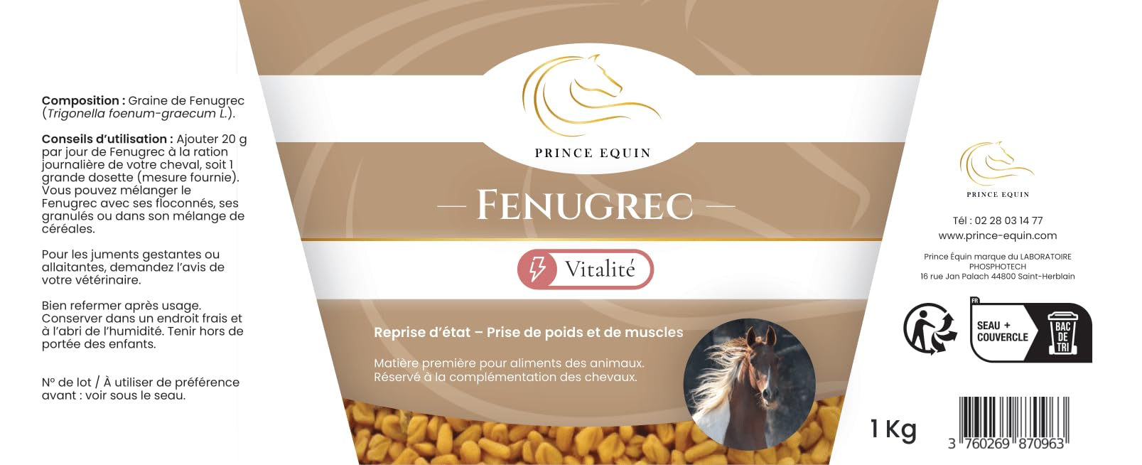 FENUGREC - Integratore nutrizionale Cavallo - Secchio 1 kg - Ripresa dello stato Cavallo - Sviluppo dei Muscoli - Energia - Marchio francese (Seau 1 kg)