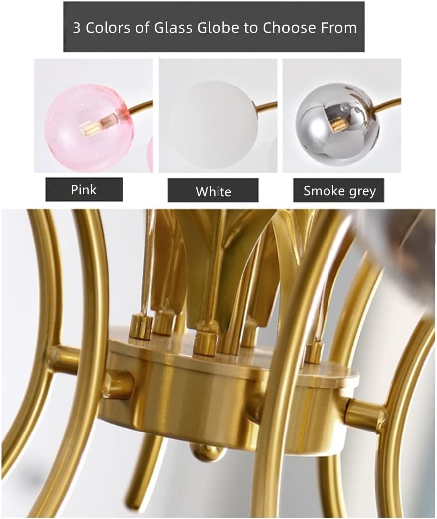 Żyrandol z 6 lampami z różowego szkła bąbelkowego Marshmallow, złoty żyrandol ze szkła mlecznego Sputnik do jadalni, Vintage szara kula wisząca lampa wisząca z liśćmi