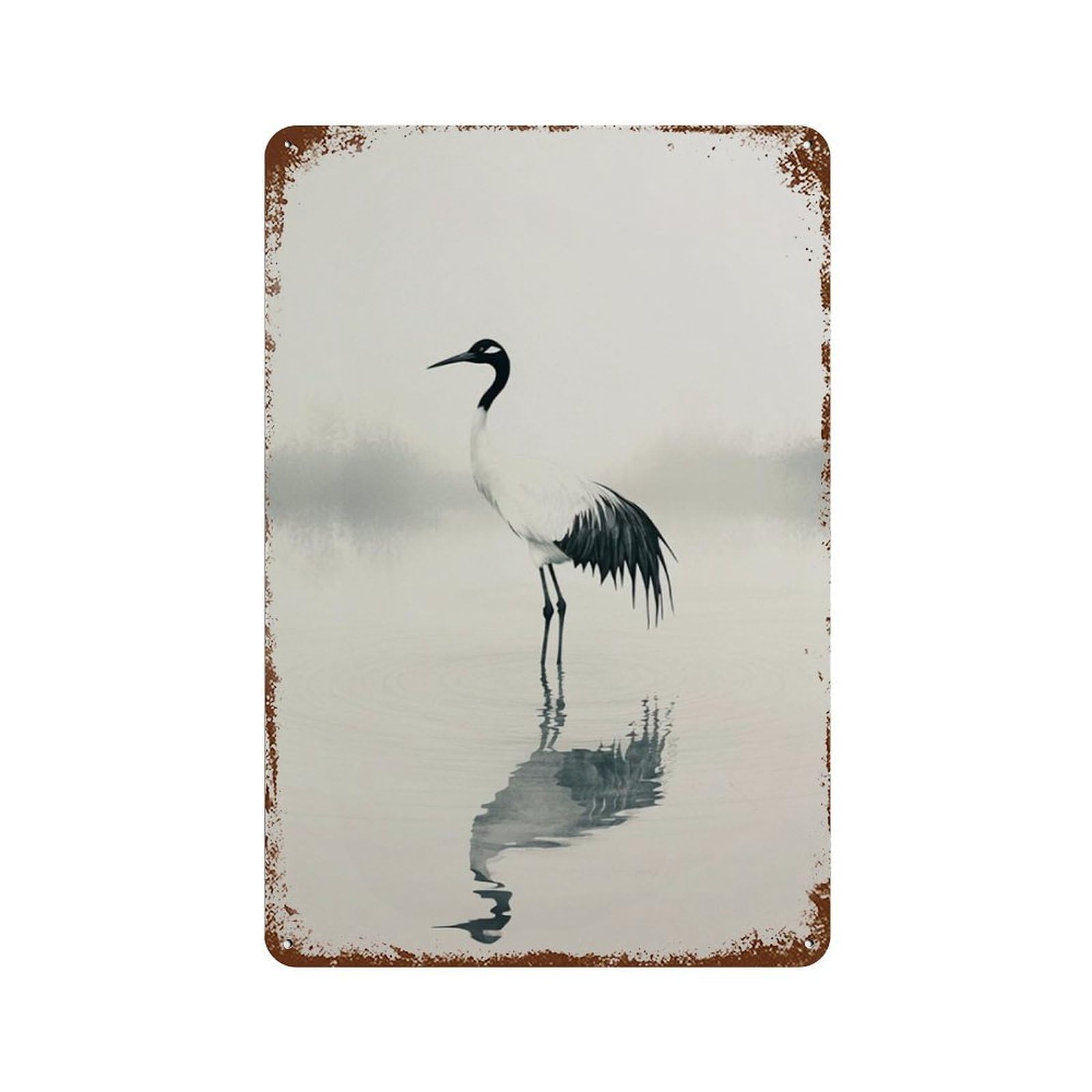 xiaoxiaoshen Japanese Crane Minimal Nature Zen Bird Misty Water Landscape Wall Decor Art Metal Tin Poster Modern Home Decor Art Home Bar Shop Decorations Vintage Sign 30x20cm