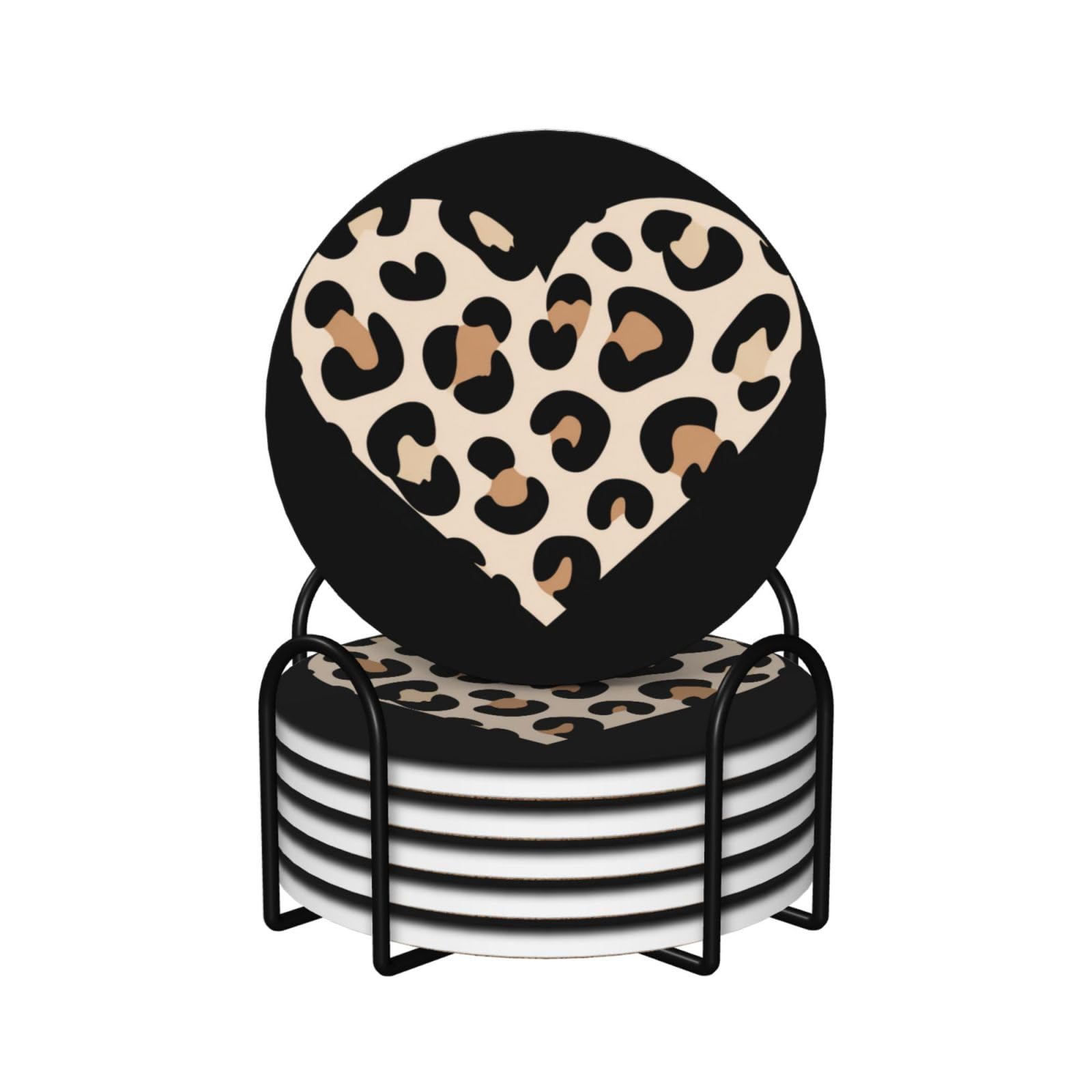 Leopard Print Heart On Black Ceramic Coasters with Holder 6ps