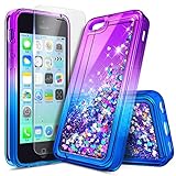 iPhone 5C Case with Screen Protector HD Clear for Girls Kids Women, NageBee Glitter Liquid Quicksand Waterfall Floating Flowing Sparkle Shiny Bling Diamond Cute Case for iPhone 5C -Purple/Blue