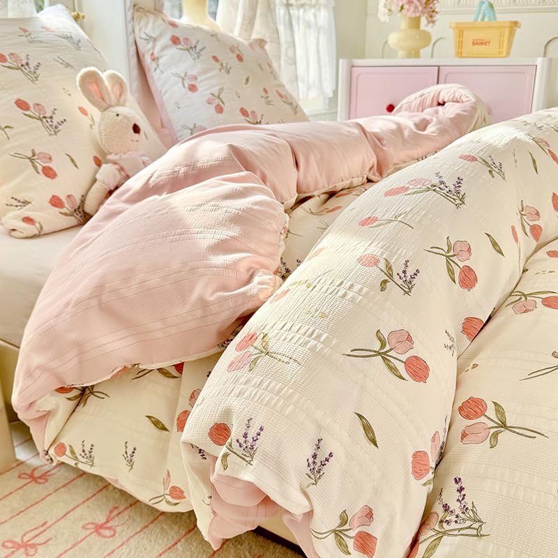 Joanna&Seasons-Housse de Couette 240x220 Fleurs Tulipe Beige,Vintage Parure de Lit Adult Motif Floral et Seersucker- Linge de Lit 2 Personnes en Microfibre avec Taies d'oreiller 65x65 cm