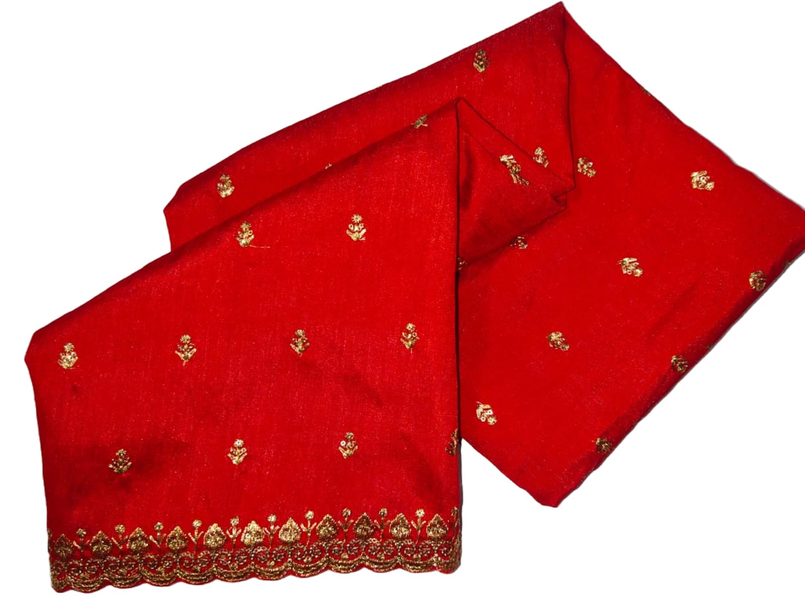 Red Raw Silk Blouse Material with Gold Embroidery Work, 1 Metre-image-43