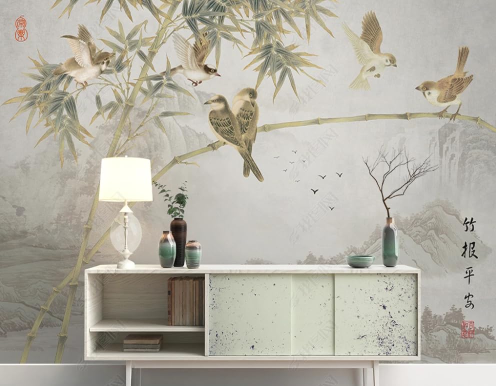 Papier peint intissé oiseau et bambou panoramique grand format 250x175 cm pour salon