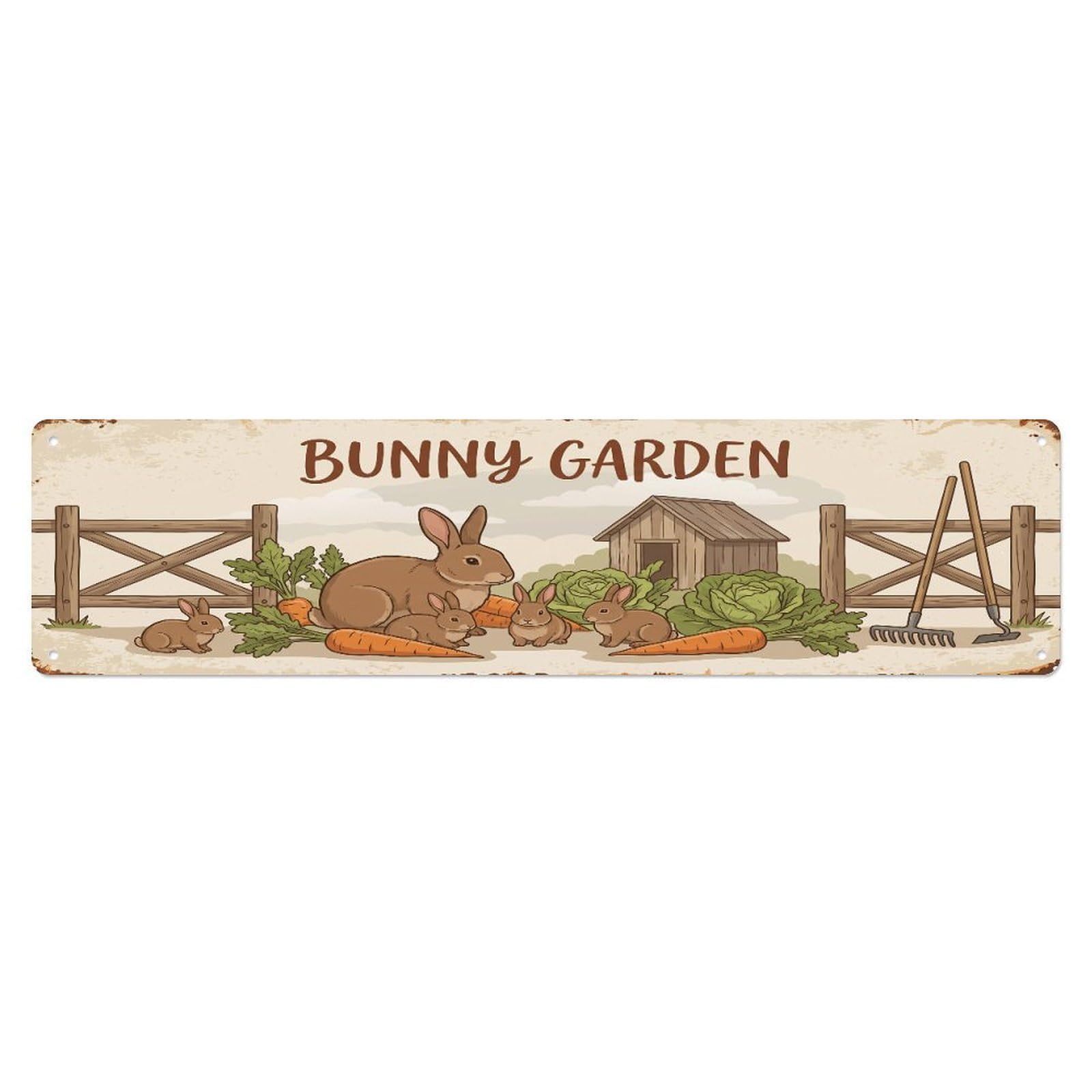 Metal Tin Sign Vintage Rabbits Farm Scene Bunny Garden