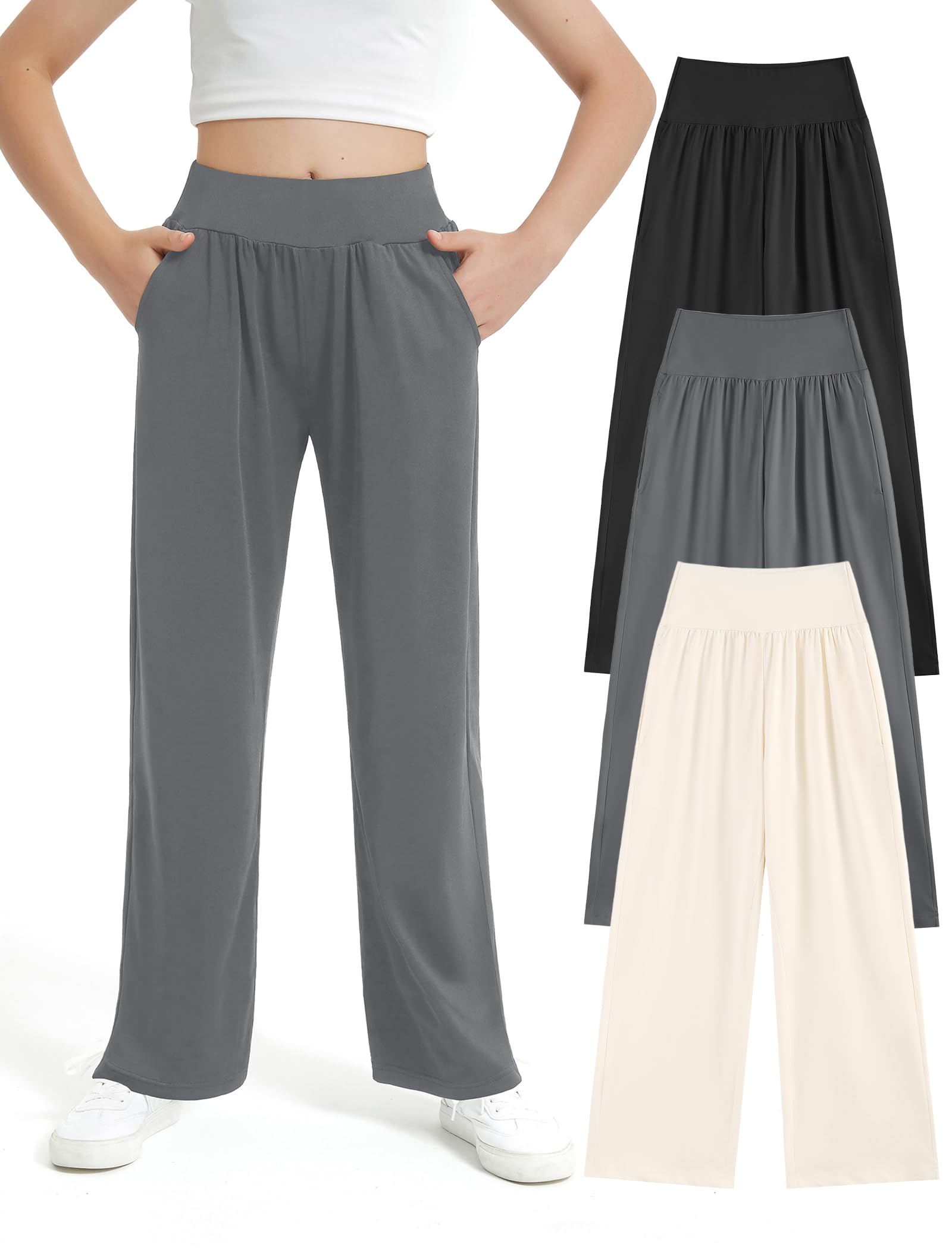 EXARUS 3 Pack Girls Wide Leg Pants Baggy/Tapered Loose Casual School