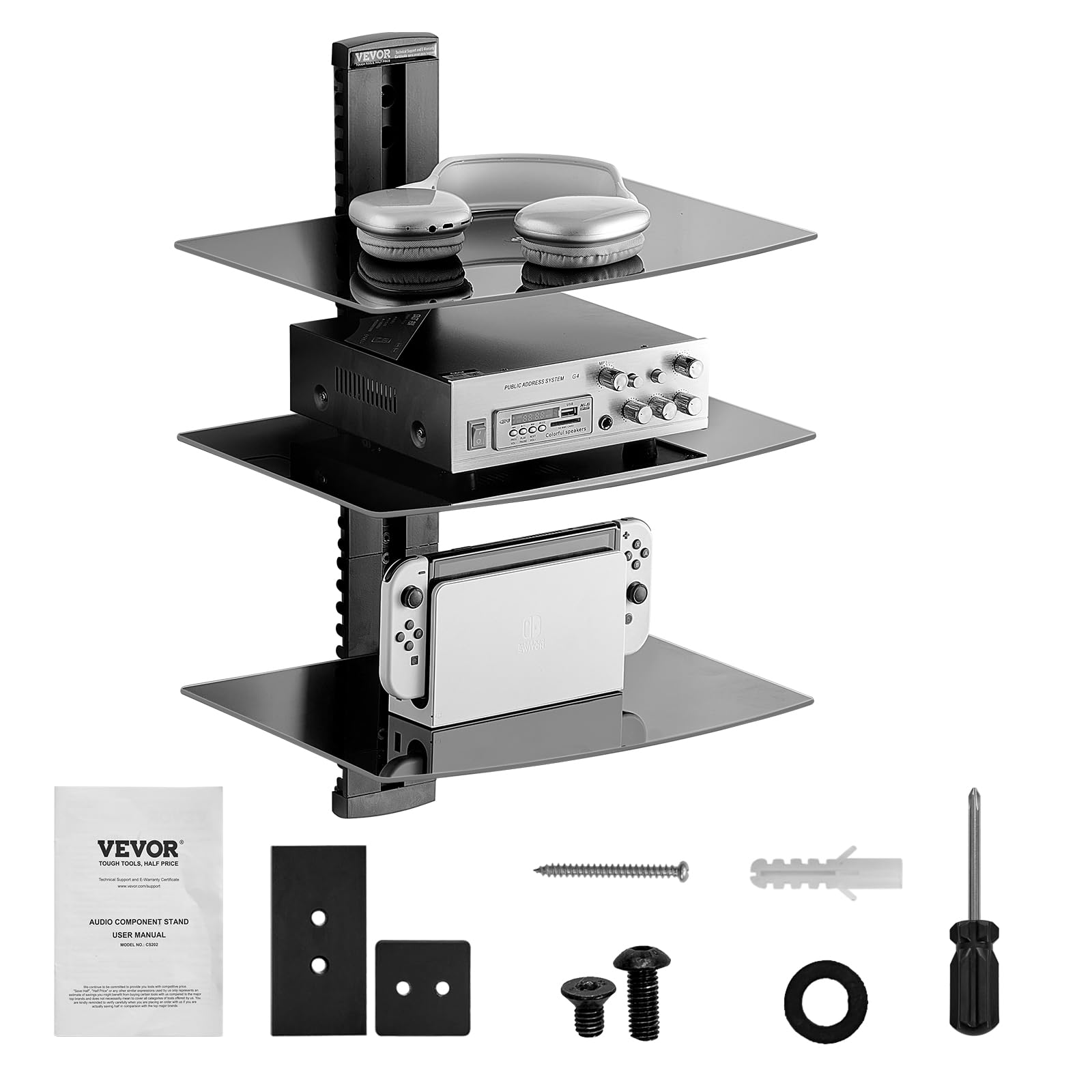 VEVOR Étagère Multimédia Mural 3 Niveaux, Support Audio Visuel en Verre Trempé, Capacité de Charge 8,2 kg pour Lecteurs DVD/Décodeurs/Consoles