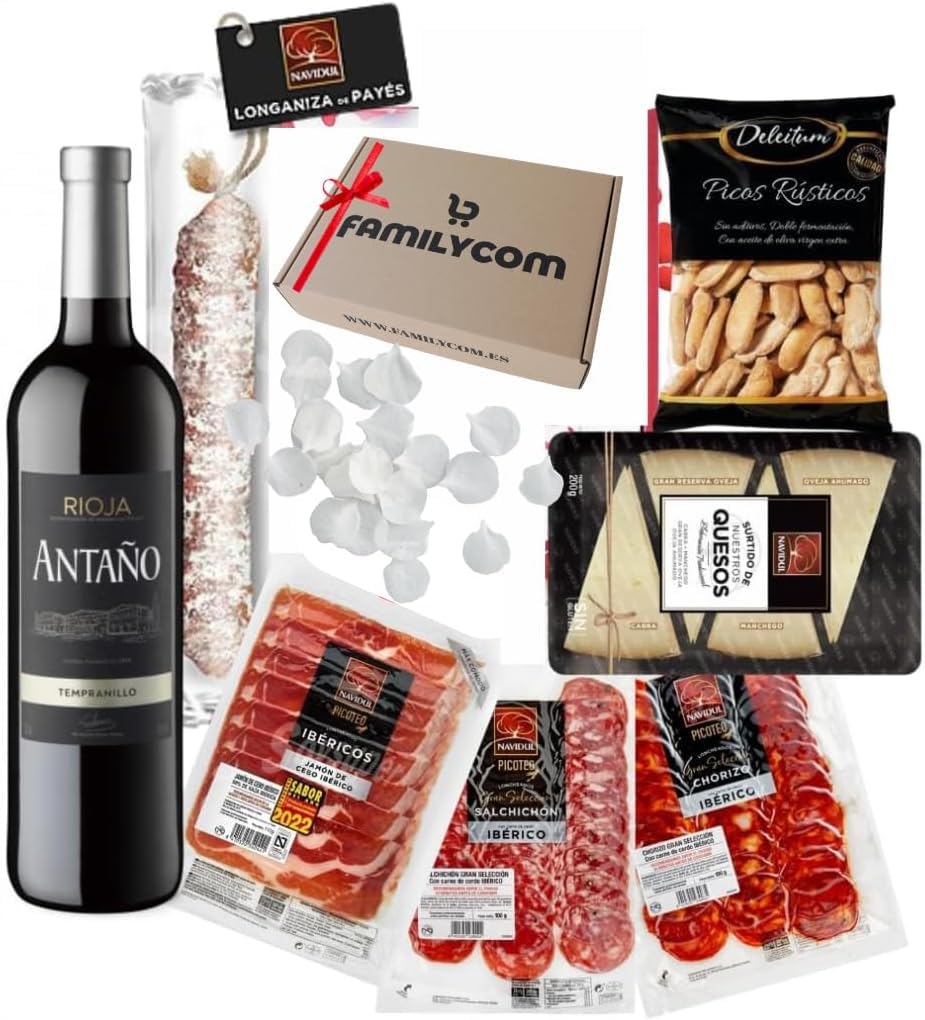 Familycom Cesta Gourmet con Ibéricos Navidul - Surtido Jamón Ibérico, Quesos, Embutidos, Aceitunas, Vino tinto