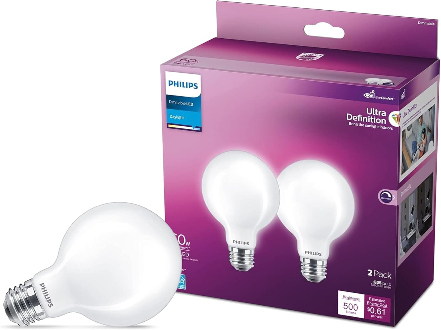 PHILIPS LED 60W G25 2-Pack Ultra Definition Daylight (5000K) 500