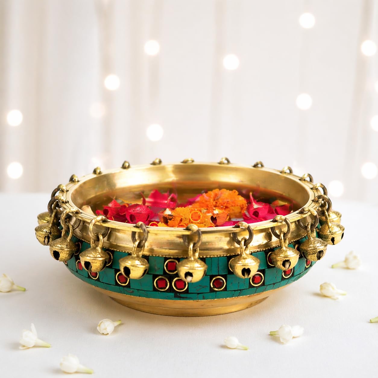 Two Moustaches Gemstone Work 6 Inch Brass Urli Ethnic Traditional Bowl With Bells, Gemstone Work, Material - Brass, Pack Of 1 - 500 Ml-image-11