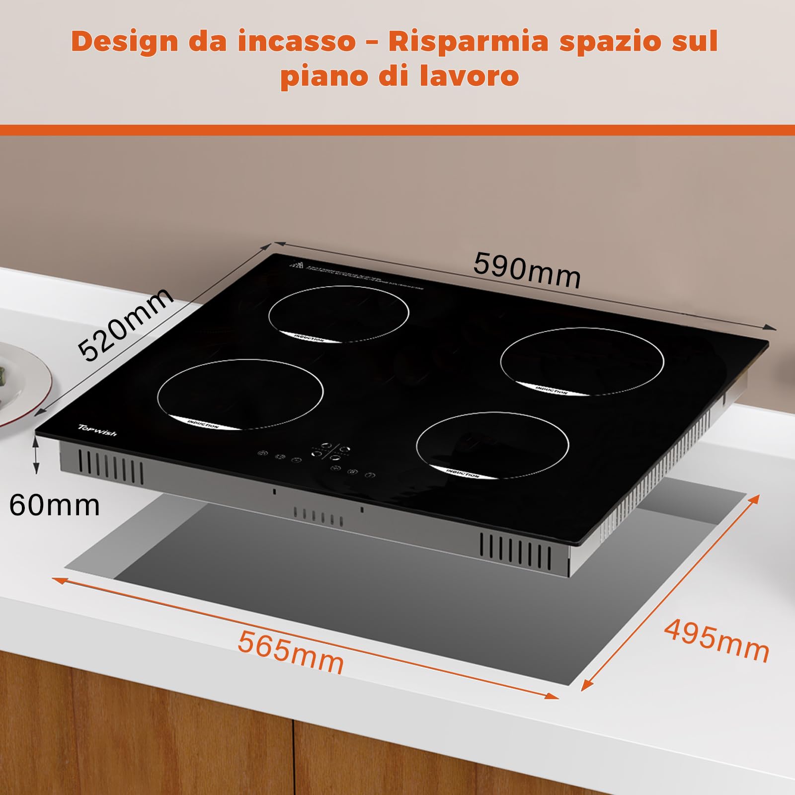 Topwish piano induzione, piano induzione 4 fuochi, piano cottura induzione incasso con sicurezza bambini, funzione boost, controllo touch, indicatore di calore residuo, 60CM, 7200W