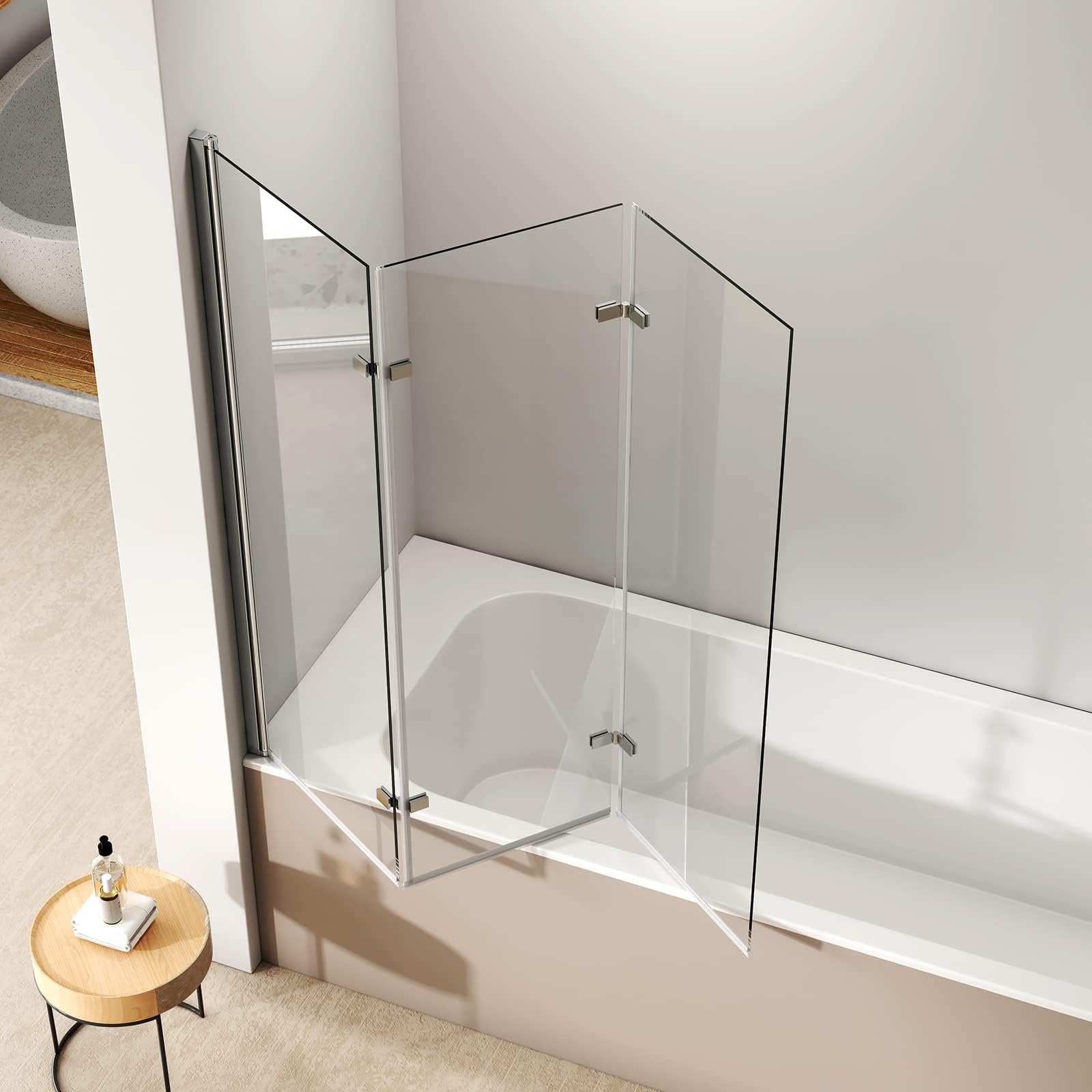 EMKE Paroi de douche pour baignoire 3 volets - 130x140 cm | Verre NANO 6 mm - Paroi pliable à 180°