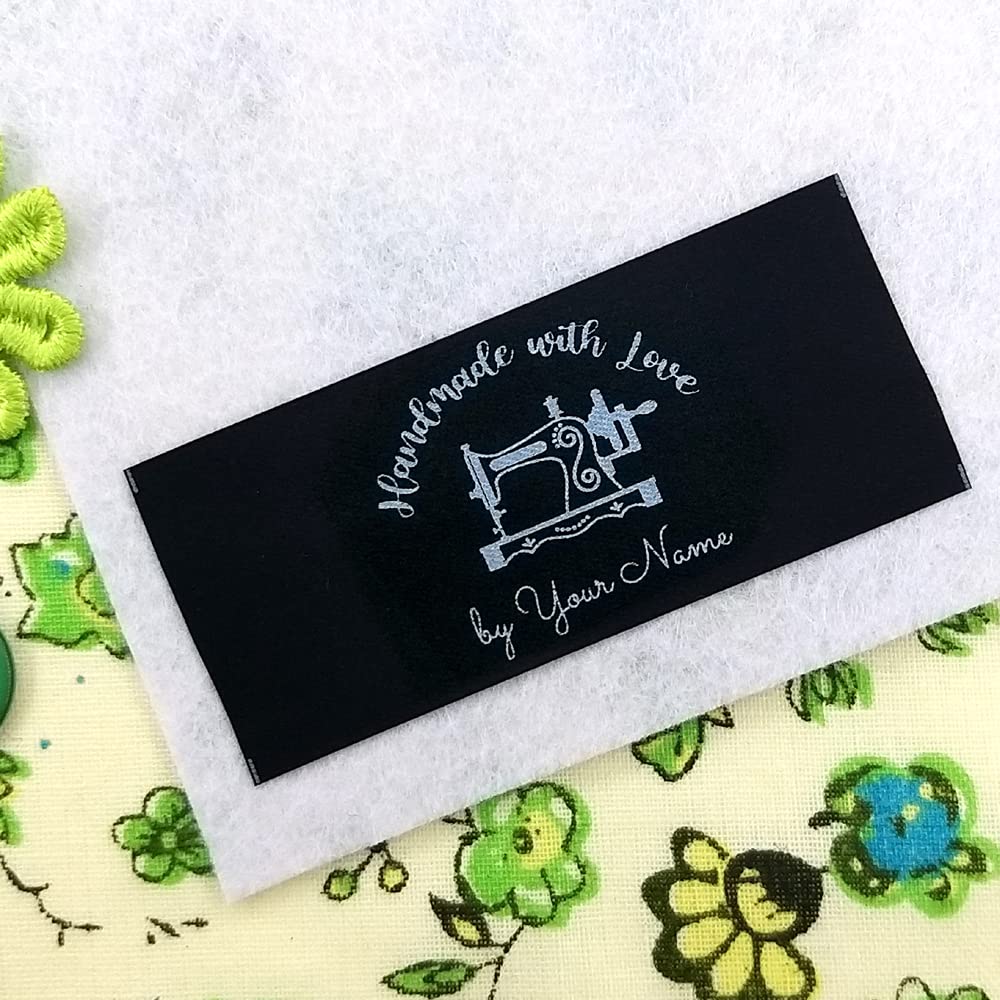50pcs Custom Logo Clothing Label Personalized Sewing tag Black Fabric Handmade Business Sewing Machine Design Black Silky Satin end fold tag Flat Sewing sew in Label