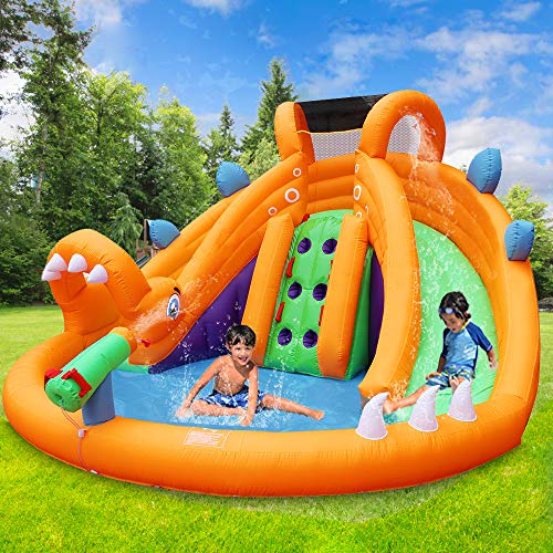 RETRO JUMP Dinosaur Inflatable Bouncer with Blower Dual Slides Water Park Climbing Wall & Splash Pool
