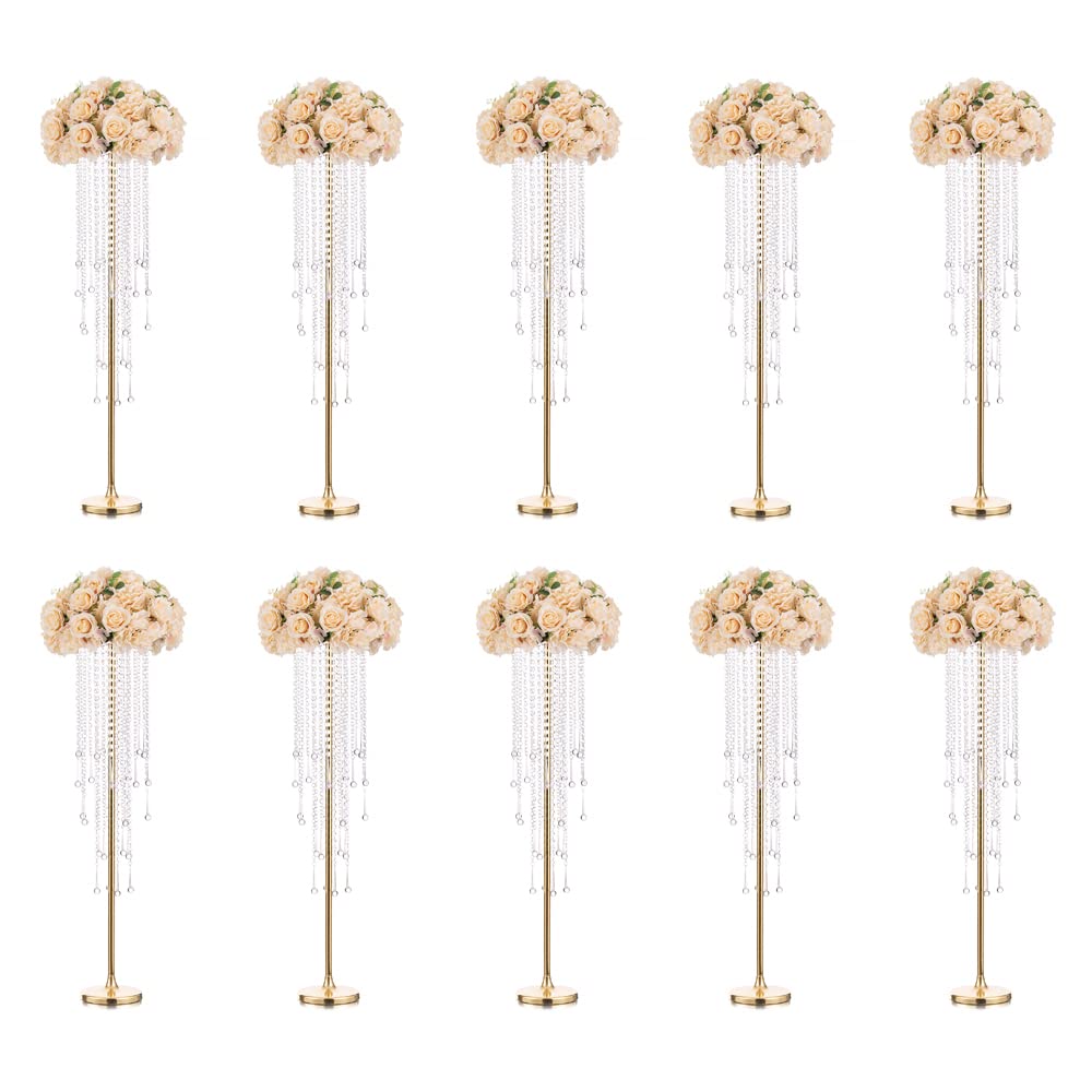 Inweder 10 Pcs 39.4" Gold Flower Vase with Chandelier Crystal, Centerpiece Table Decorations, Metal Stand for Wedding, Reception, Party, Events, Home