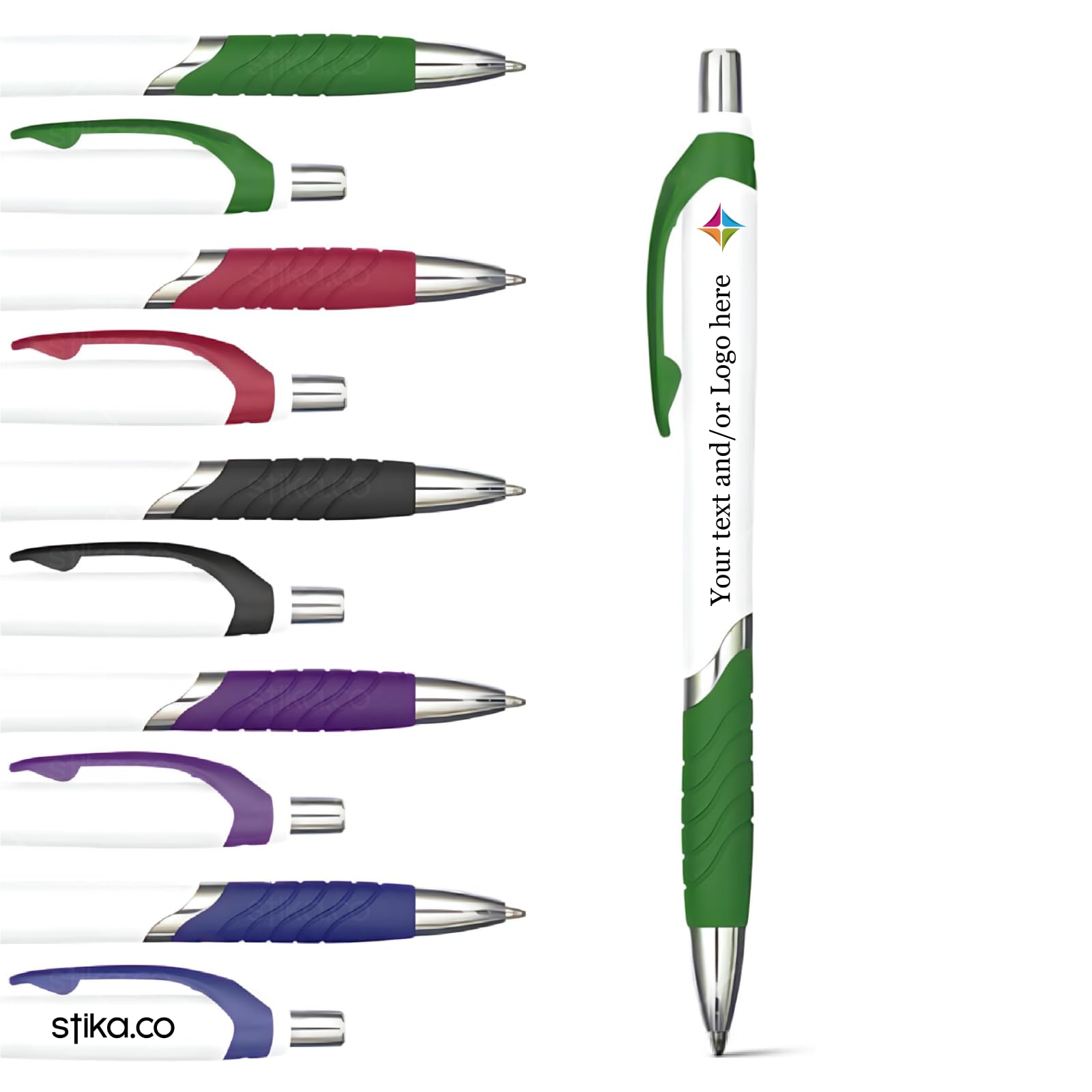stika.co Pack of 40 Personalised Green Plastic Pens - Customisable, Sustainable, Stylish Writing Instruments - Perfect for School, Work, Seminars and Promotion