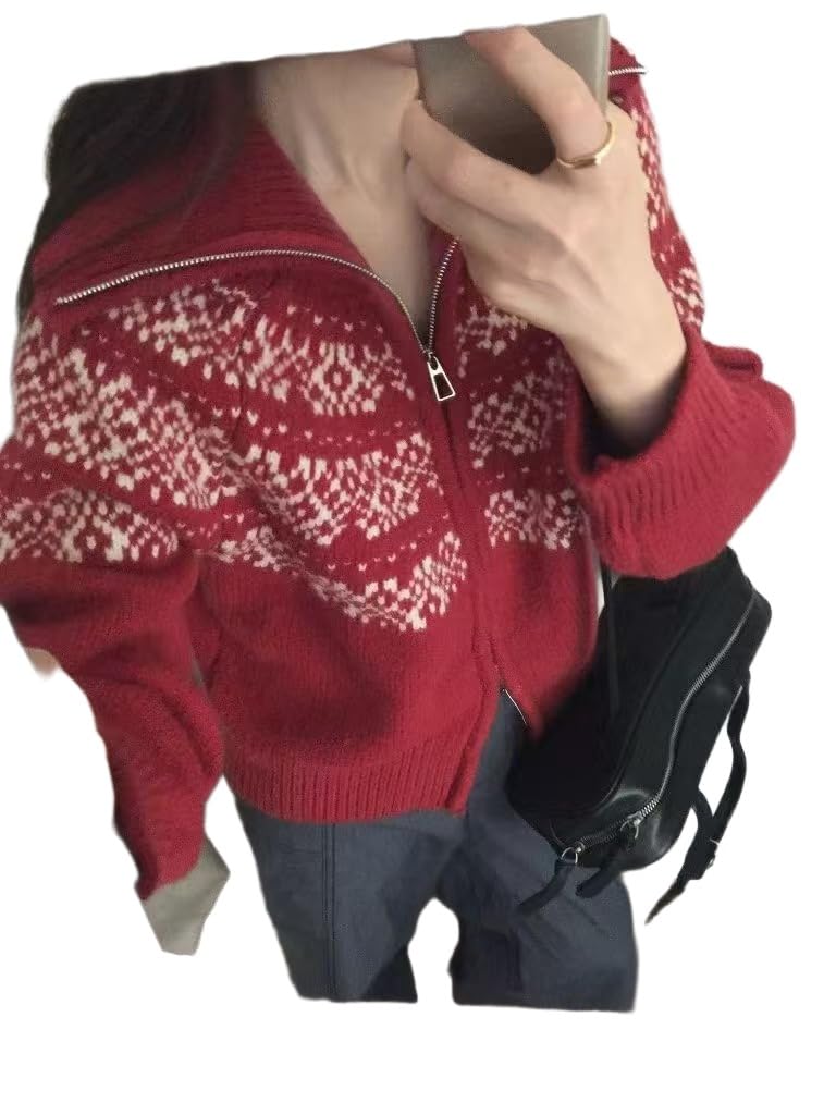 Apvirdy Womens Fair Isle Cardigan Sweaters Vintage Argyle Iceland Norway Sweater Aztec Print Zip Up Collared Cardigan Coat