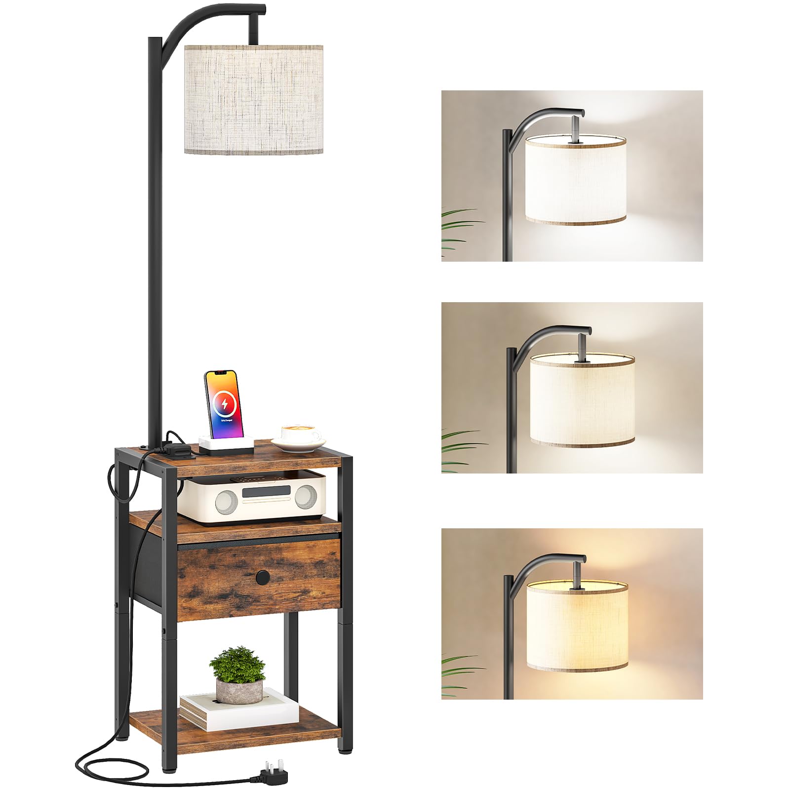 HOOBRO Floor Lamp, Floor Lamps with Shelves and Charging Station, Standing Lamp with Remote Control, 3 Colour Temperatures, 8 Brightness Levels for Bedroom Living Room, Rustic Brown EBF291KDBZ01